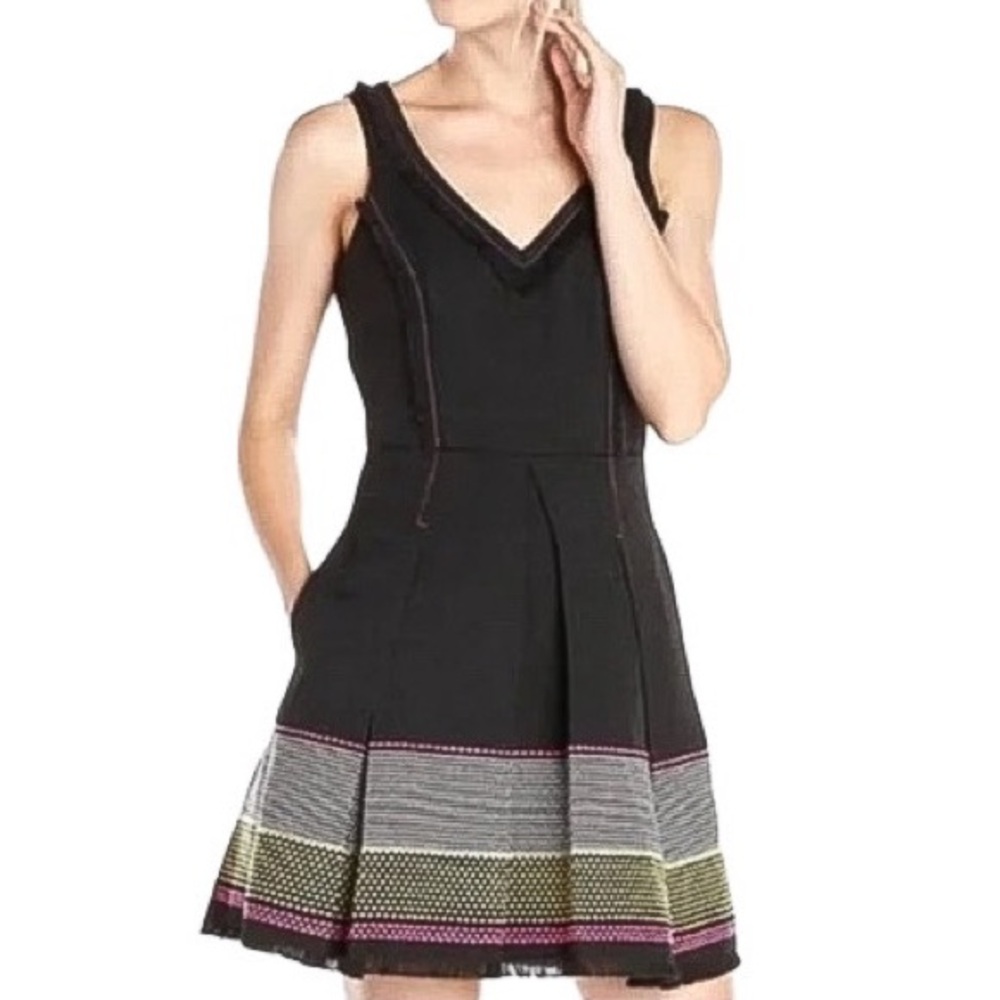 Trina Turk Abela Black Knit Dress Fringe Detail Yellow Pink — Size 8